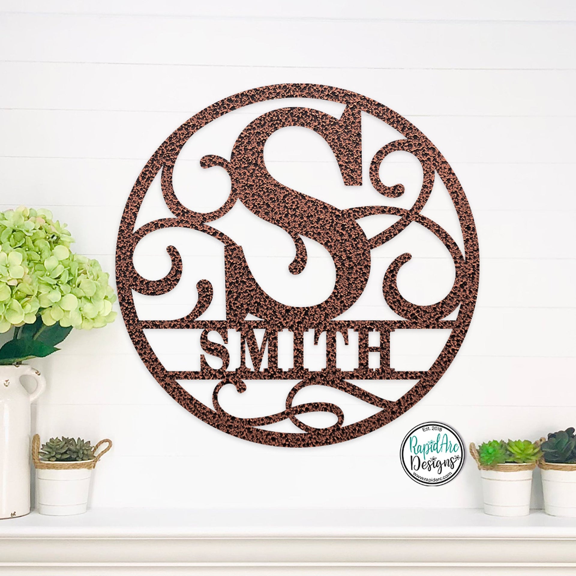 Personalized Metal Monogram Name Sign - Custom Family Name Sign - Photo Gallery Wall Decor - Front Door Hanger - Round Monogram Name Sign
