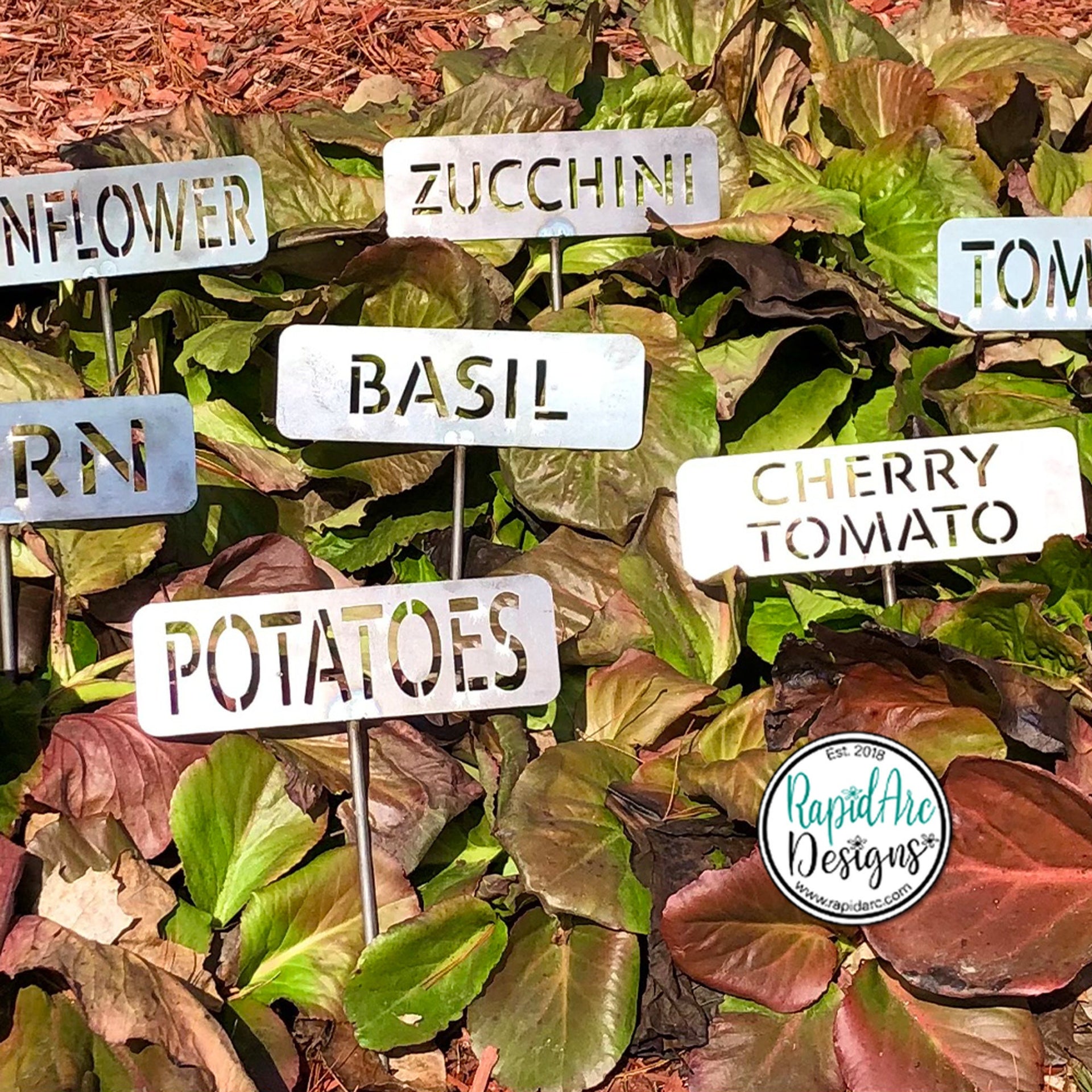 Metal Garden Row Marker Sign - Customizable Vegetable and Herb Sign with Stake - Metal Garden Art - Garden Plant Label - Garden Row Stake