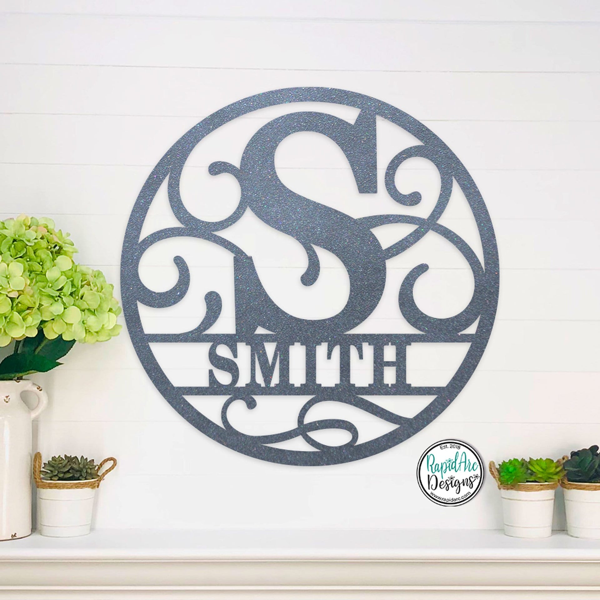 Personalized Metal Monogram Name Sign - Custom Family Name Sign - Photo Gallery Wall Decor - Front Door Hanger - Round Monogram Name Sign