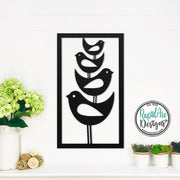 Rectangular metal wall art of four mid century modern style birds stacked one on top of another.