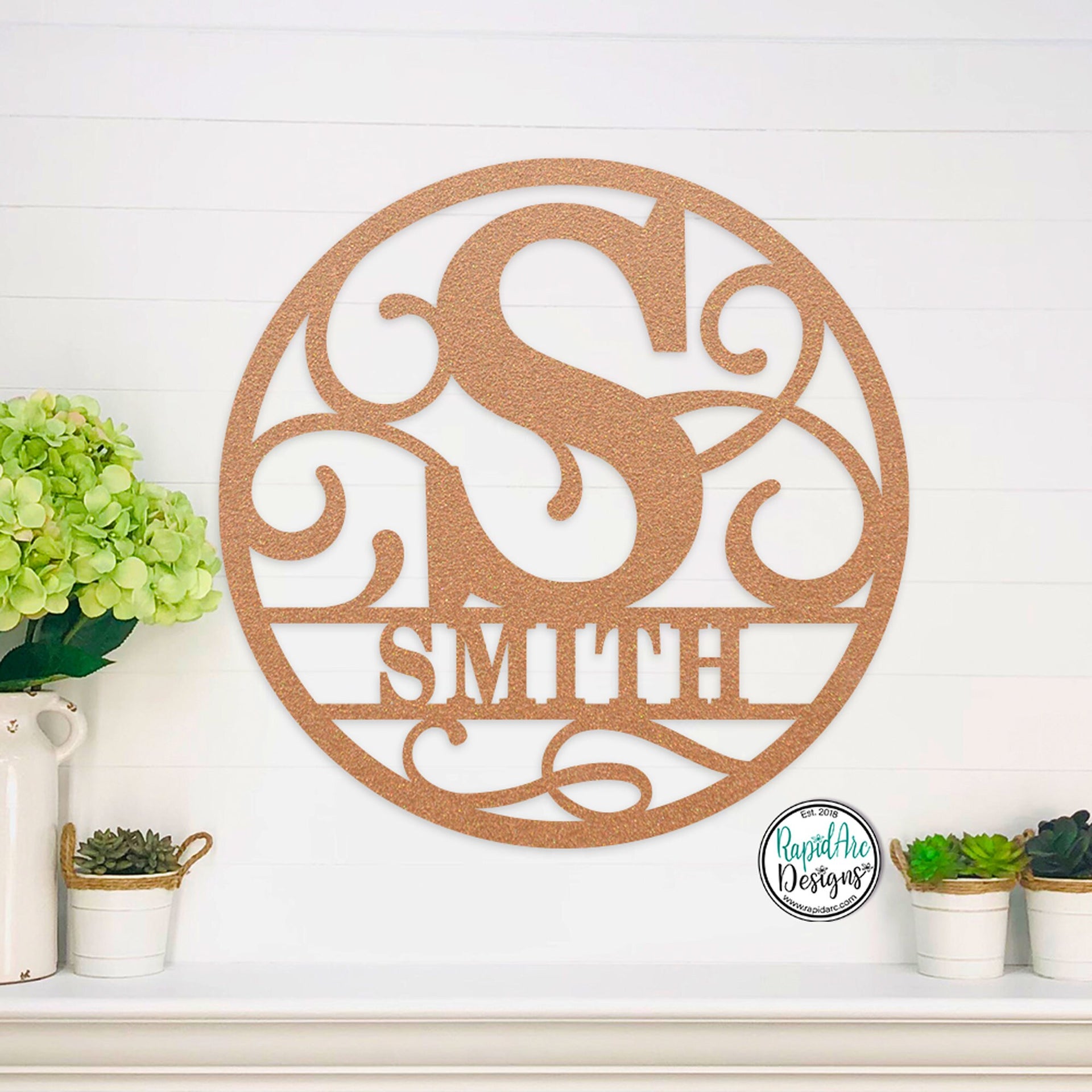 Personalized Metal Monogram Name Sign - Custom Family Name Sign - Photo Gallery Wall Decor - Front Door Hanger - Round Monogram Name Sign