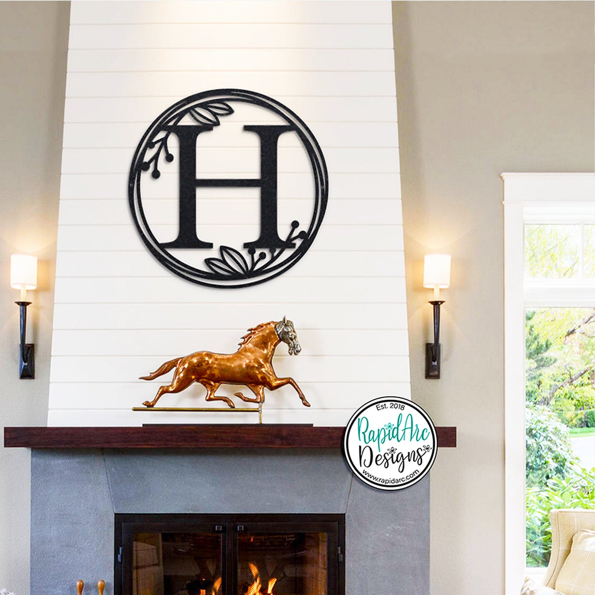 Metal Monogram Wreath - Circle Letter Monogram Sign with Leaves - Gallery Wall Decor - Front Door Hanger - Round Monogram Initial WREATH