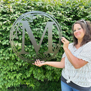 Metal Monogram Wreath - Circle Letter Monogram Sign with Leaves - Gallery Wall Decor - Front Door Hanger - Round Monogram Initial WREATH