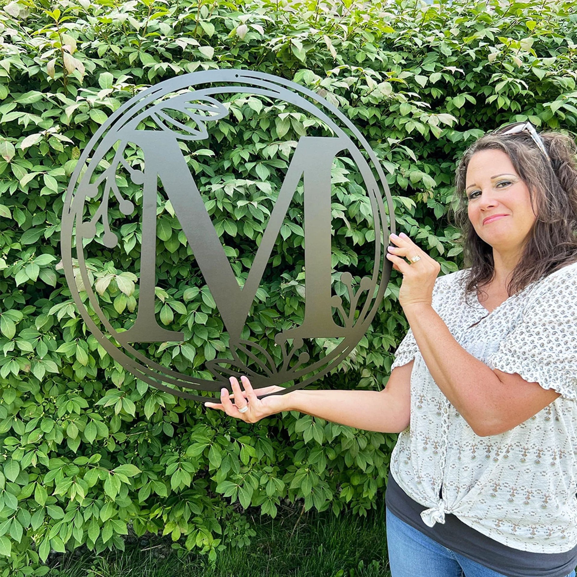 Metal Monogram Wreath - Circle Letter Monogram Sign with Leaves - Gallery Wall Decor - Front Door Hanger - Round Monogram Initial WREATH