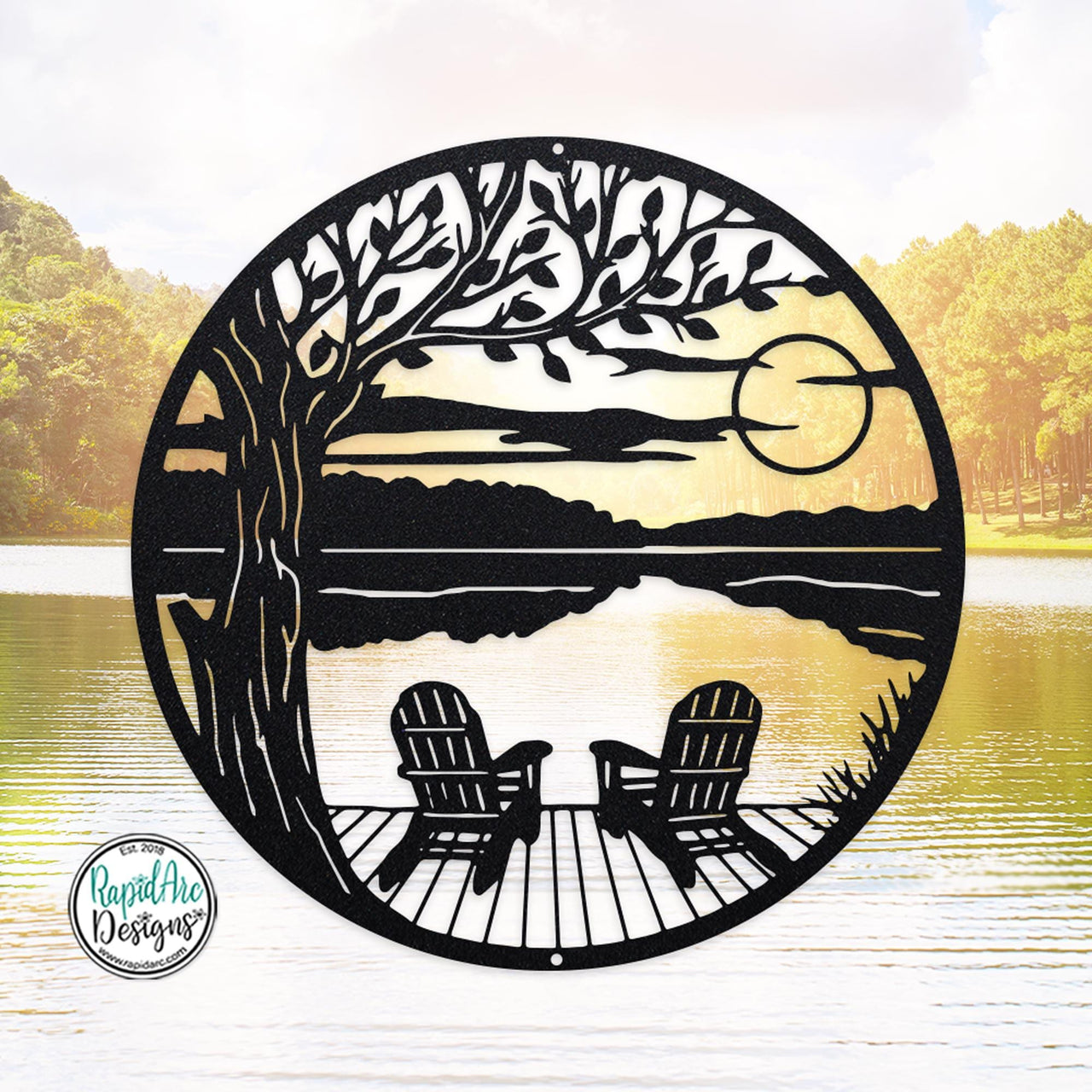 LAKESIDE Dock & Chairs Scene | Metal Outdoor Wall Art | Camper RV Decor | River or Lake House Decor | Custom Metal Sign | Housewarming Gift