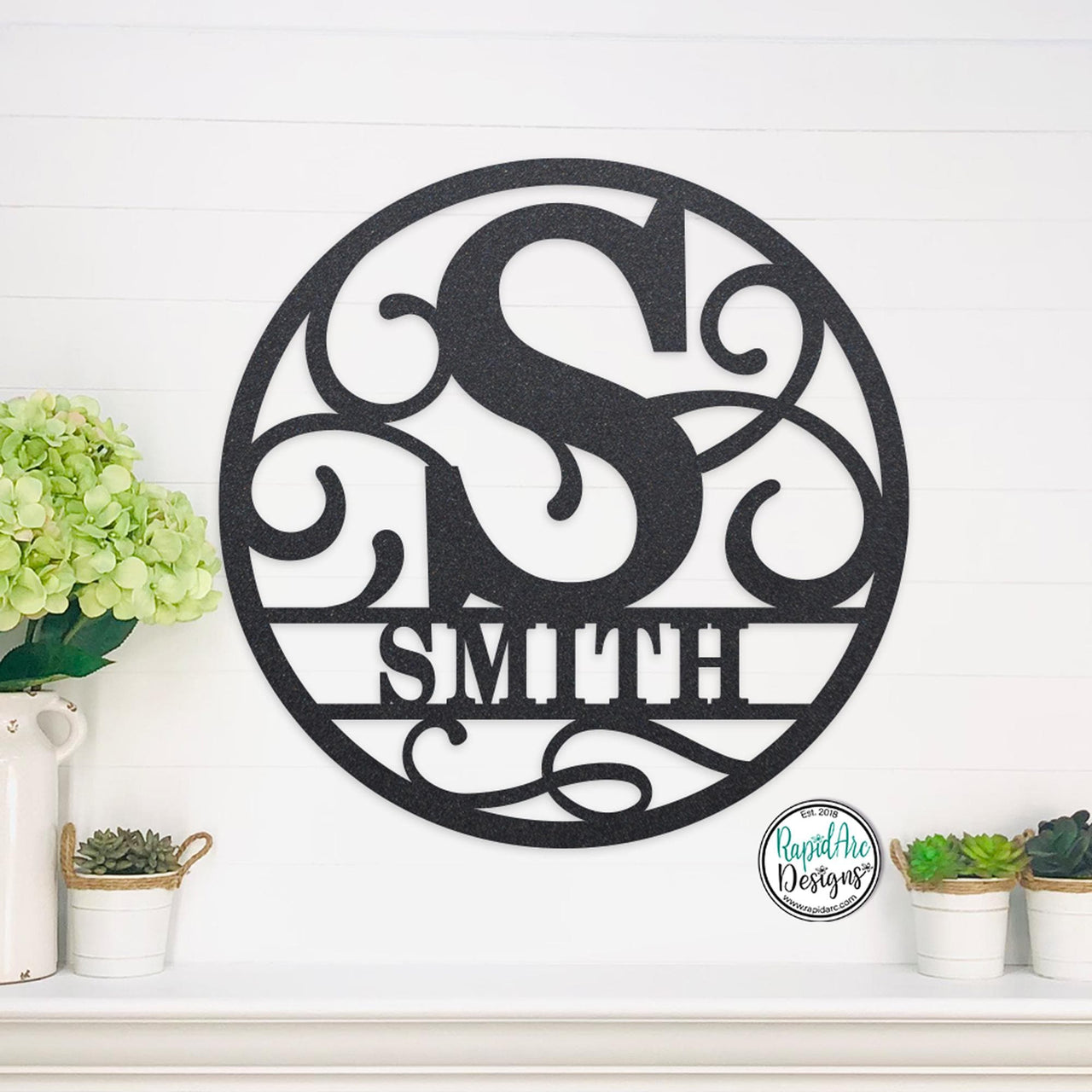 Personalized Metal Monogram Name Sign - Custom Family Name Sign - Photo Gallery Wall Decor - Front Door Hanger - Round Monogram Name Sign