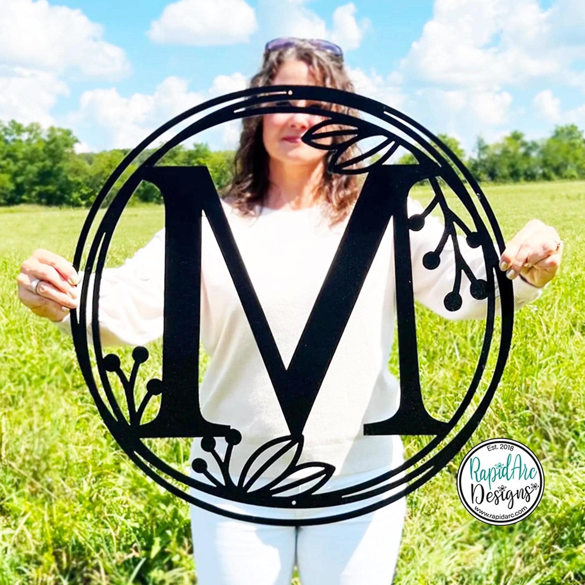 Metal Monogram Wreath - Circle Letter Monogram Sign with Leaves - Gallery Wall Decor - Front Door Hanger - Round Monogram Initial WREATH