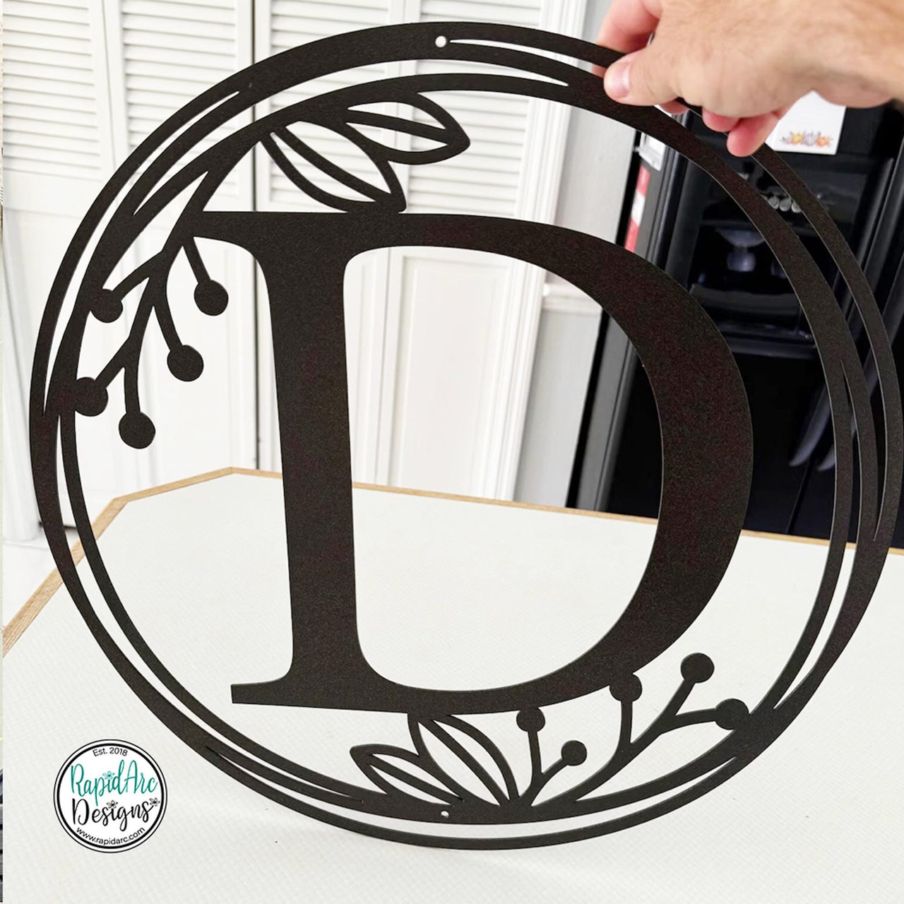 Metal Monogram Wreath - Circle Letter Monogram Sign with Leaves - Gallery Wall Decor - Front Door Hanger - Round Monogram Initial WREATH