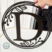 Metal Monogram Wreath - Circle Letter Monogram Sign with Leaves - Gallery Wall Decor - Front Door Hanger - Round Monogram Initial WREATH