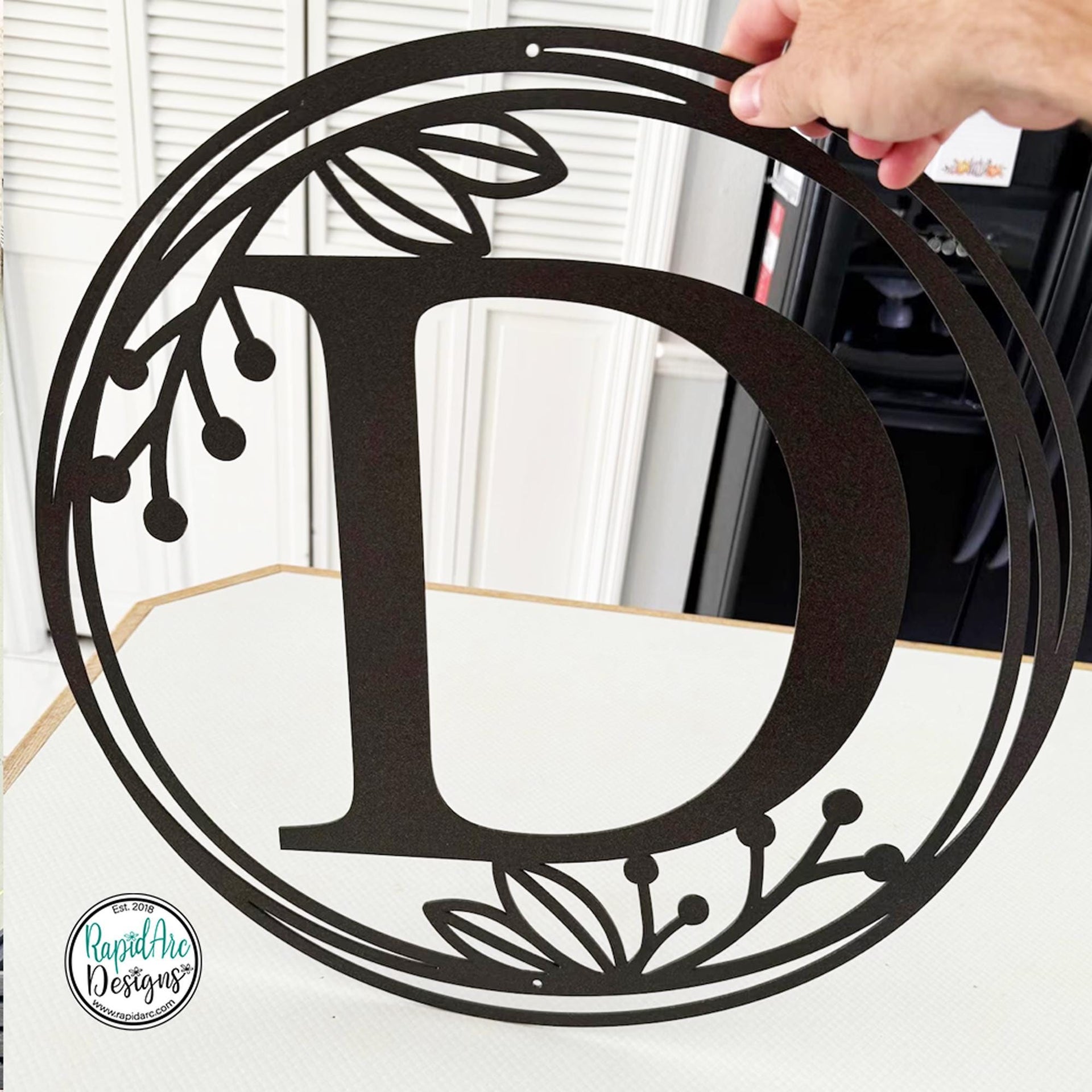 Metal Monogram Wreath - Circle Letter Monogram Sign with Leaves - Gallery Wall Decor - Front Door Hanger - Round Monogram Initial WREATH