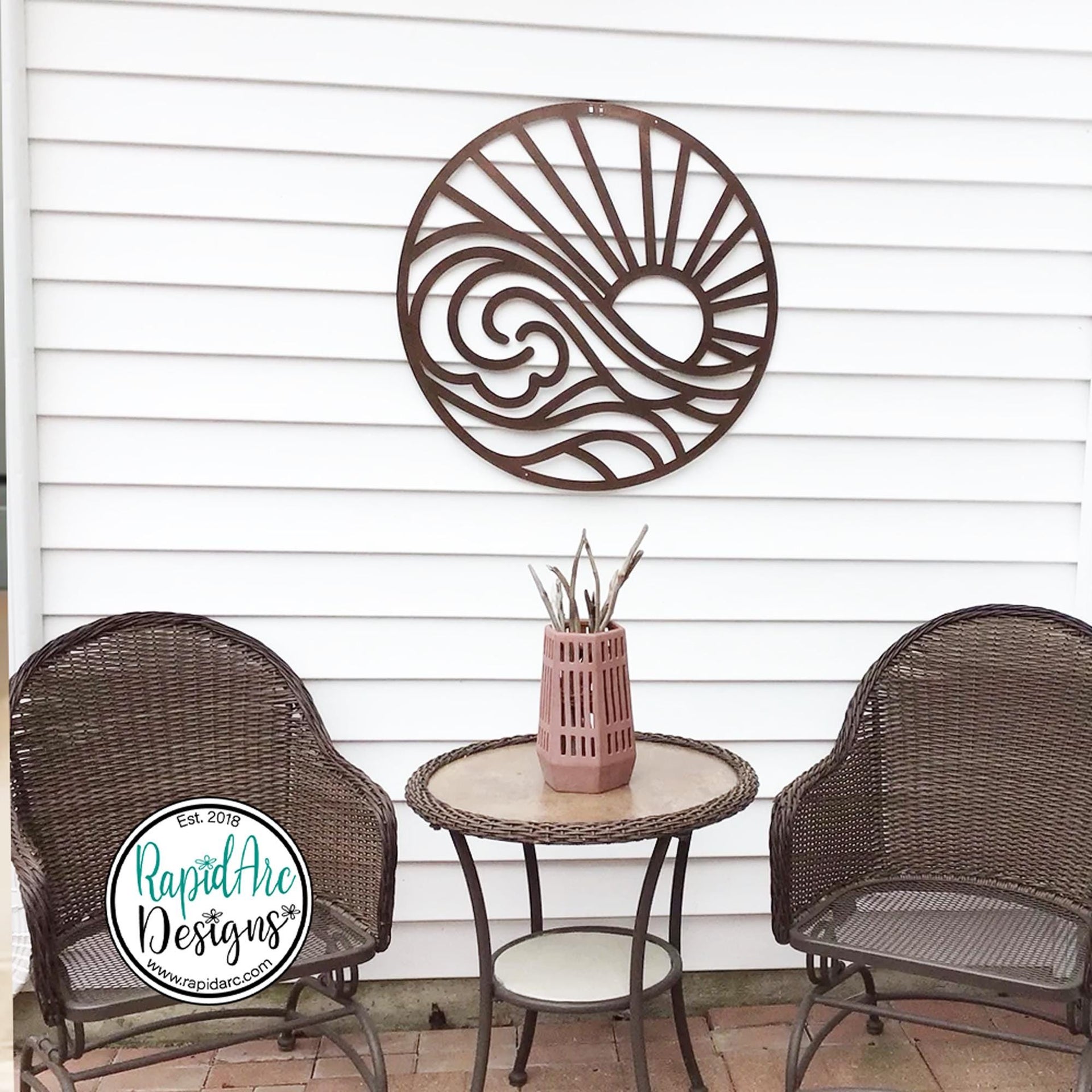 SUN and WAVES Metal Wall Ornament | Pool Sign | Outdoor Coastal Art | Lake or Beach House Sign | Patio Decor | Round Sun & Waves
