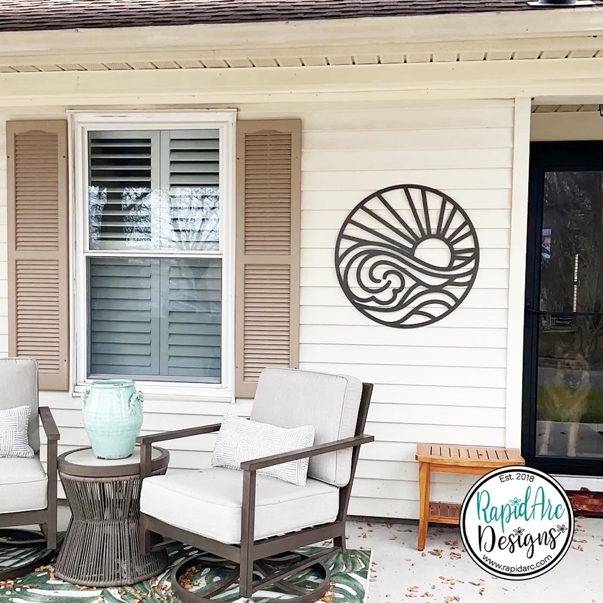 SUN and WAVES Metal Wall Ornament | Pool Sign | Outdoor Coastal Art | Lake or Beach House Sign | Patio Decor | Round Sun & Waves