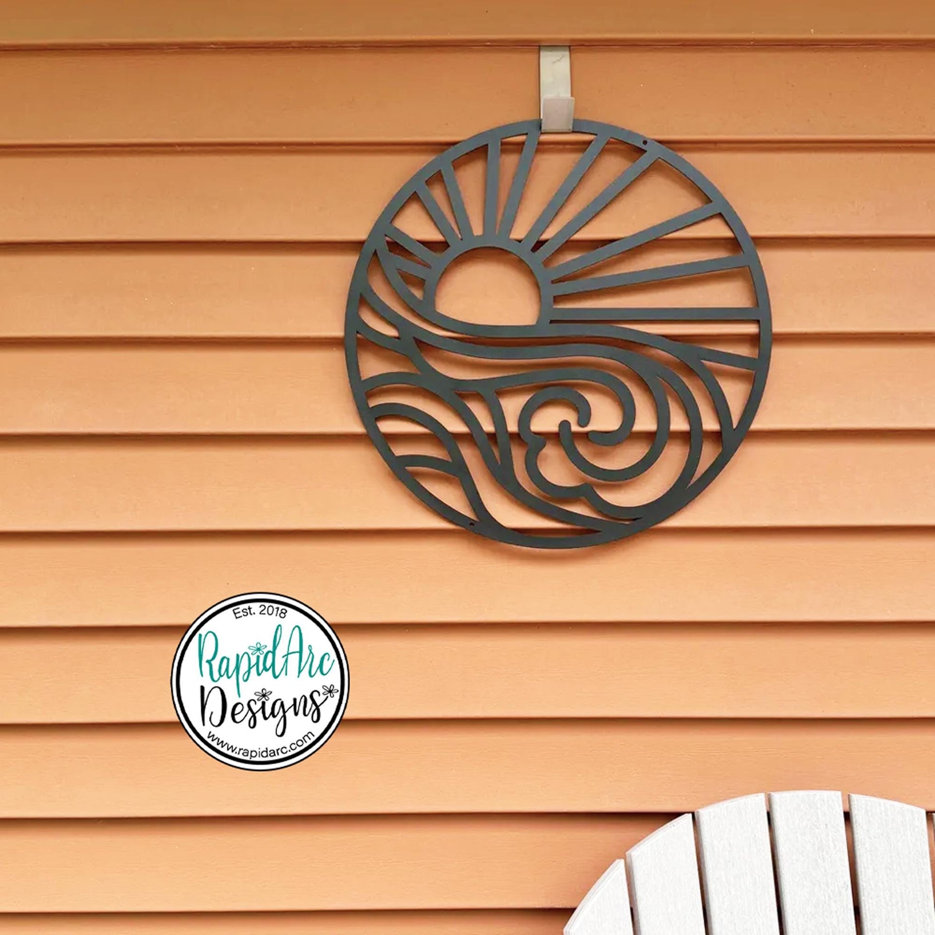 SUN and WAVES Metal Wall Ornament | Pool Sign | Outdoor Coastal Art | Lake or Beach House Sign | Patio Decor | Round Sun & Waves