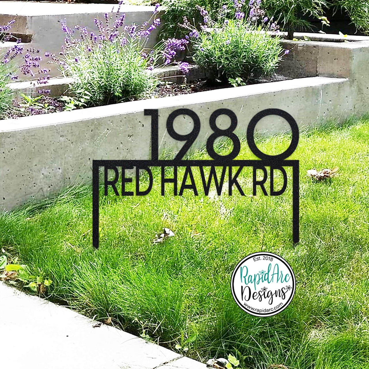 Modern Metal House Number Sign on Stakes | Ground Mount Address Plaque with Street Name | Custom Home Address Sign for Landscaping