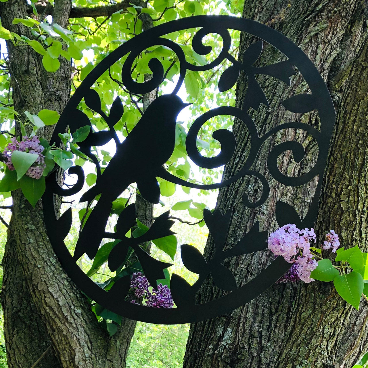 BIRD IN WREATH Straight Edge Metal Wall Art - Pretty Metal Wall Hanger - Garden Patio Porch Entry Decor - Fast Ship - Bird on a Branch