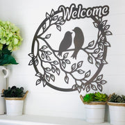 LOVE BIRDS WELCOME Metal Wall Art- Pretty Birds-Metal Wall Hanger- Garden Patio Entry Decor- Hello Birdies- Fast Ship- Birds on a Branch