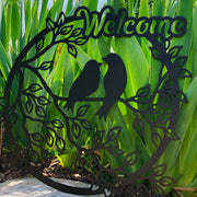 LOVE BIRDS WELCOME Metal Wall Art- Pretty Birds-Metal Wall Hanger- Garden Patio Entry Decor- Hello Birdies- Fast Ship- Birds on a Branch