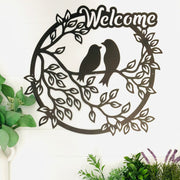 LOVE BIRDS WELCOME Metal Wall Art- Pretty Birds-Metal Wall Hanger- Garden Patio Entry Decor- Hello Birdies- Fast Ship- Birds on a Branch