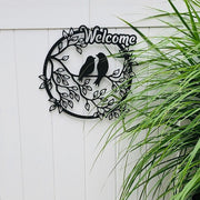 LOVE BIRDS WELCOME Metal Wall Art- Pretty Birds-Metal Wall Hanger- Garden Patio Entry Decor- Hello Birdies- Fast Ship- Birds on a Branch
