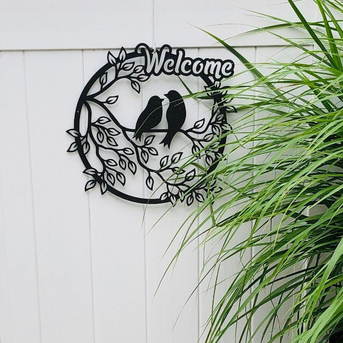 LOVE BIRDS WELCOME Metal Wall Art- Pretty Birds-Metal Wall Hanger- Garden Patio Entry Decor- Hello Birdies- Fast Ship- Birds on a Branch