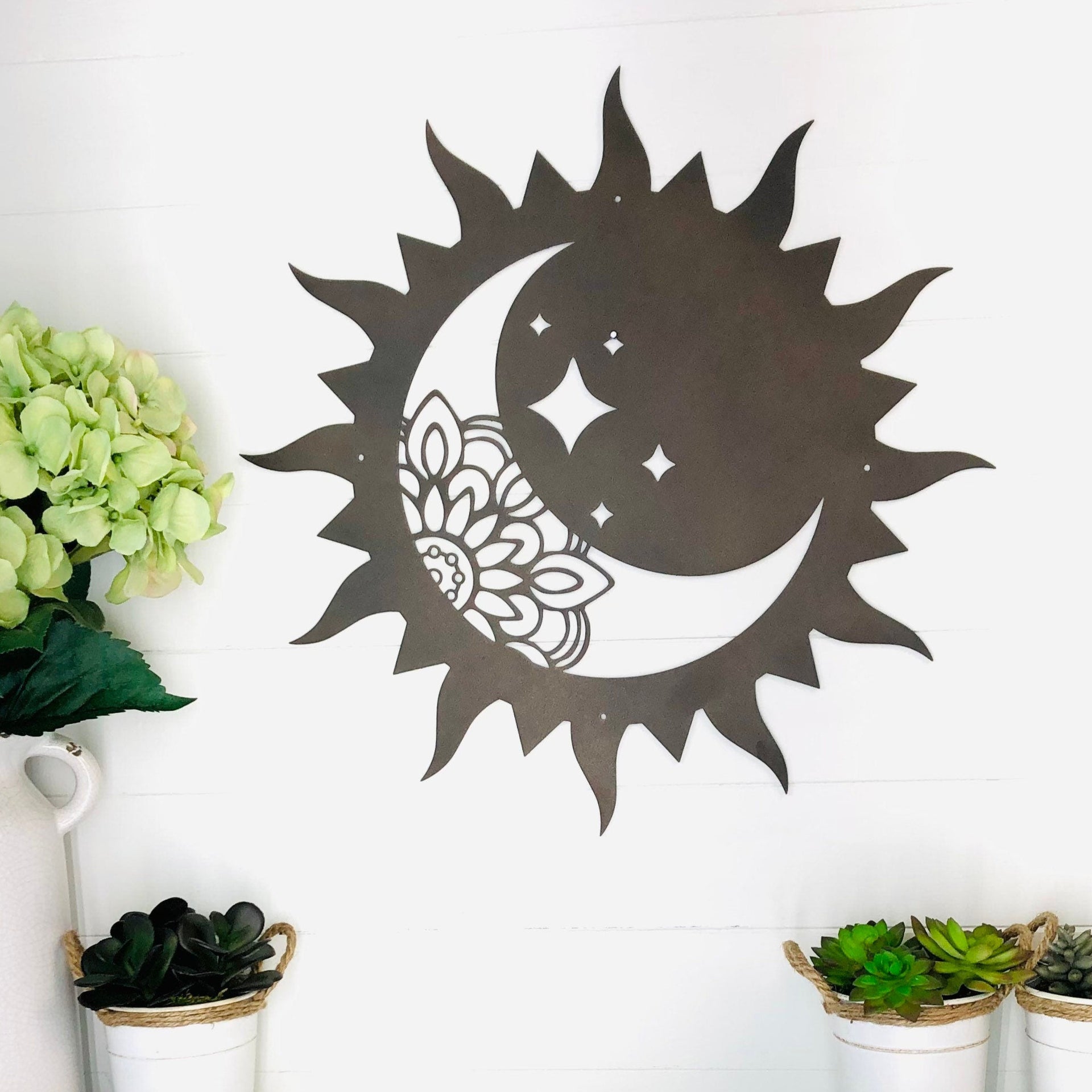 MANDALA Moon Sun and Stars  - Metal Decor - Mandala Pattern - Power Coat - Indoor Outdoor - Whimsical Decor - Metal Art