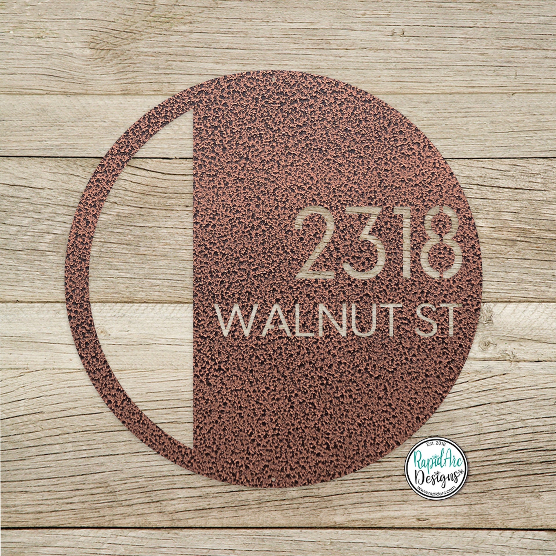 Round Metal Modern Deco Address Sign - Custom House Number Plaque - Round Street Name and Number Sign - Modern Deco Address Sign - Style A4
