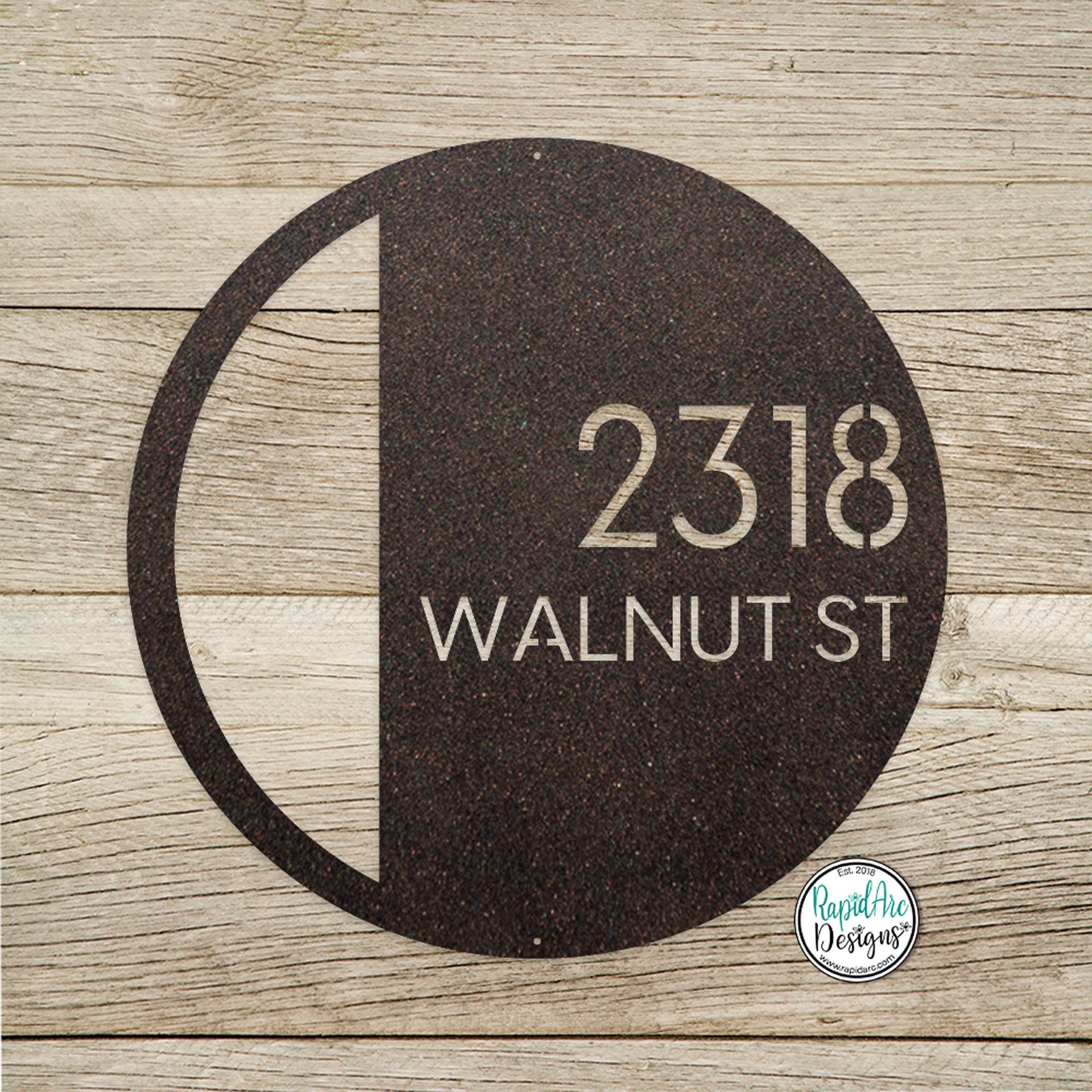 Round Metal Modern Deco Address Sign - Custom House Number Plaque - Round Street Name and Number Sign - Modern Deco Address Sign - Style A4