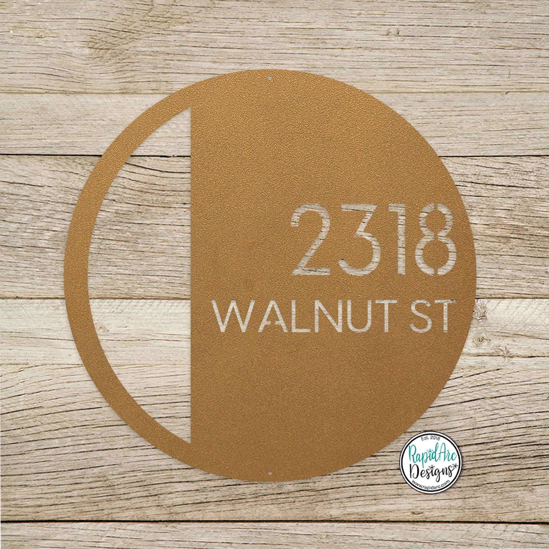 Round Metal Modern Deco Address Sign - Custom House Number Plaque - Round Street Name and Number Sign - Modern Deco Address Sign - Style A4
