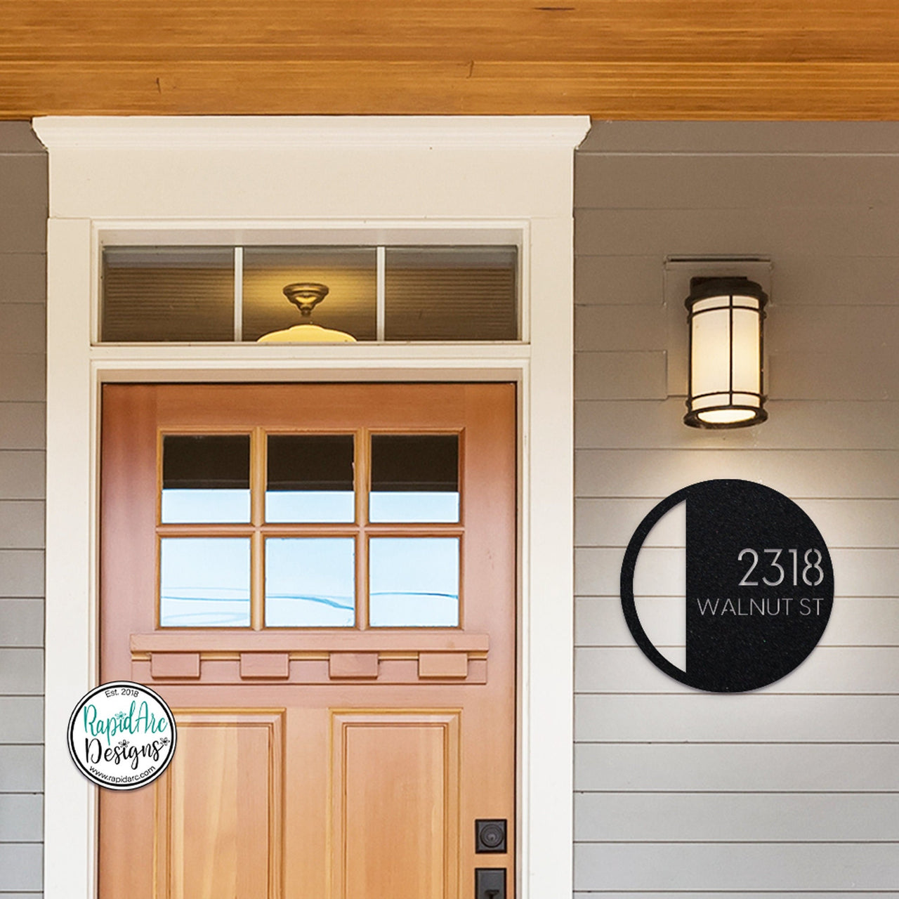 Round Metal Modern Deco Address Sign - Custom House Number Plaque - Round Street Name and Number Sign - Modern Deco Address Sign - Style A4