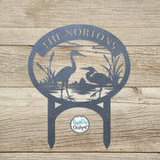 Heron Monogram with Yard Stakes - Custom Metal Sign- Heron Cattails Last Name Sign- Address Sign- Metal Outdoor Decor- Personalized Gift