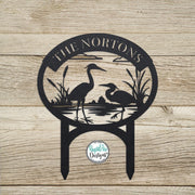Heron Monogram with Yard Stakes - Custom Metal Sign- Heron Cattails Last Name Sign- Address Sign- Metal Outdoor Decor- Personalized Gift