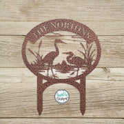 Heron Monogram with Yard Stakes - Custom Metal Sign- Heron Cattails Last Name Sign- Address Sign- Metal Outdoor Decor- Personalized Gift