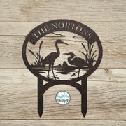 Heron Monogram with Yard Stakes - Custom Metal Sign- Heron Cattails Last Name Sign- Address Sign- Metal Outdoor Decor- Personalized Gift