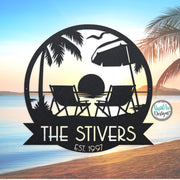 Personalized Sunset Beach Scene Monogram -Metal Beach Sign -Mid Century Modern Font -Custom Name Sign -Outdoor Coastal Decor -Metal Wall Art