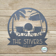 Personalized Sunset Beach Scene Monogram -Metal Beach Sign -Mid Century Modern Font -Custom Name Sign -Outdoor Coastal Decor -Metal Wall Art