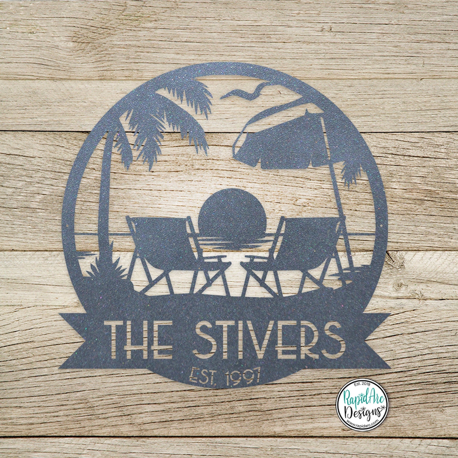 Personalized Sunset Beach Scene Monogram -Metal Beach Sign -Mid Century Modern Font -Custom Name Sign -Outdoor Coastal Decor -Metal Wall Art
