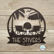 Personalized Sunset Beach Scene Monogram -Metal Beach Sign -Mid Century Modern Font -Custom Name Sign -Outdoor Coastal Decor -Metal Wall Art