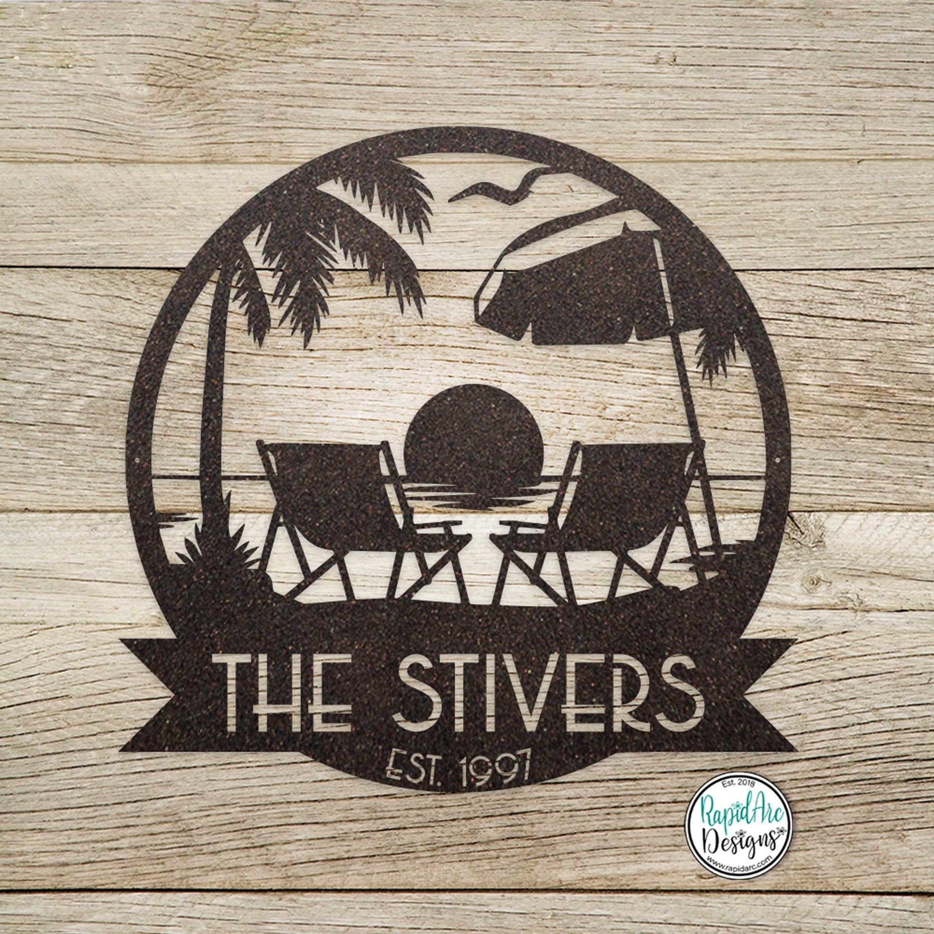 Personalized Sunset Beach Scene Monogram -Metal Beach Sign -Mid Century Modern Font -Custom Name Sign -Outdoor Coastal Decor -Metal Wall Art