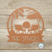 Personalized Sunset Beach Scene Monogram -Metal Beach Sign -Mid Century Modern Font -Custom Name Sign -Outdoor Coastal Decor -Metal Wall Art