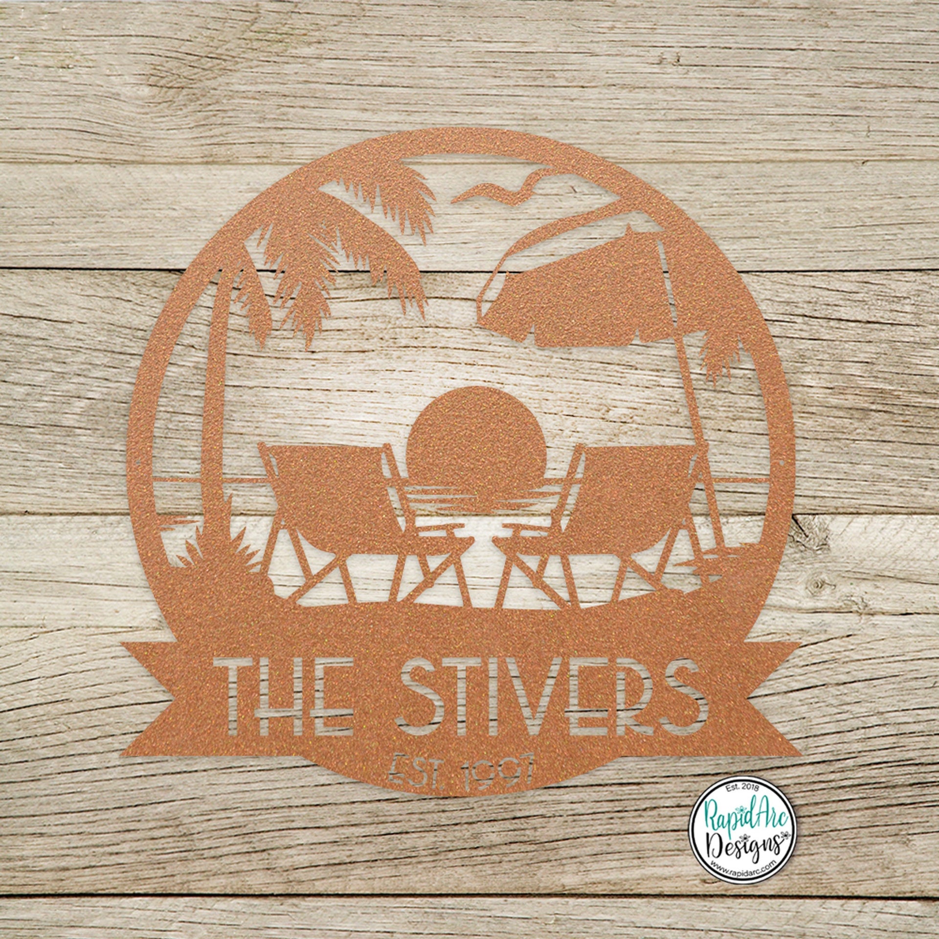 Personalized Sunset Beach Scene Monogram -Metal Beach Sign -Mid Century Modern Font -Custom Name Sign -Outdoor Coastal Decor -Metal Wall Art