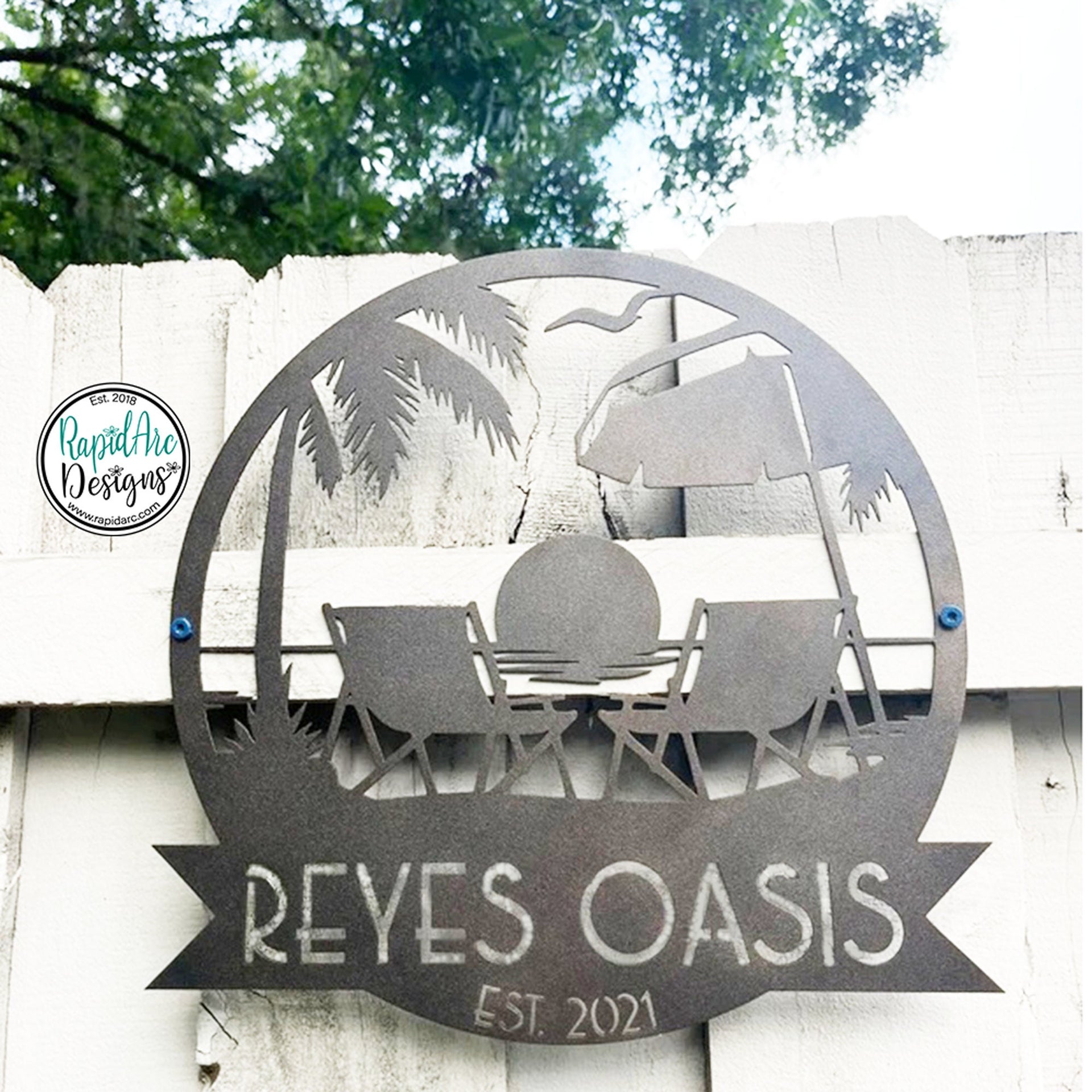 Personalized Sunset Beach Scene Monogram -Metal Beach Sign -Mid Century Modern Font -Custom Name Sign -Outdoor Coastal Decor -Metal Wall Art